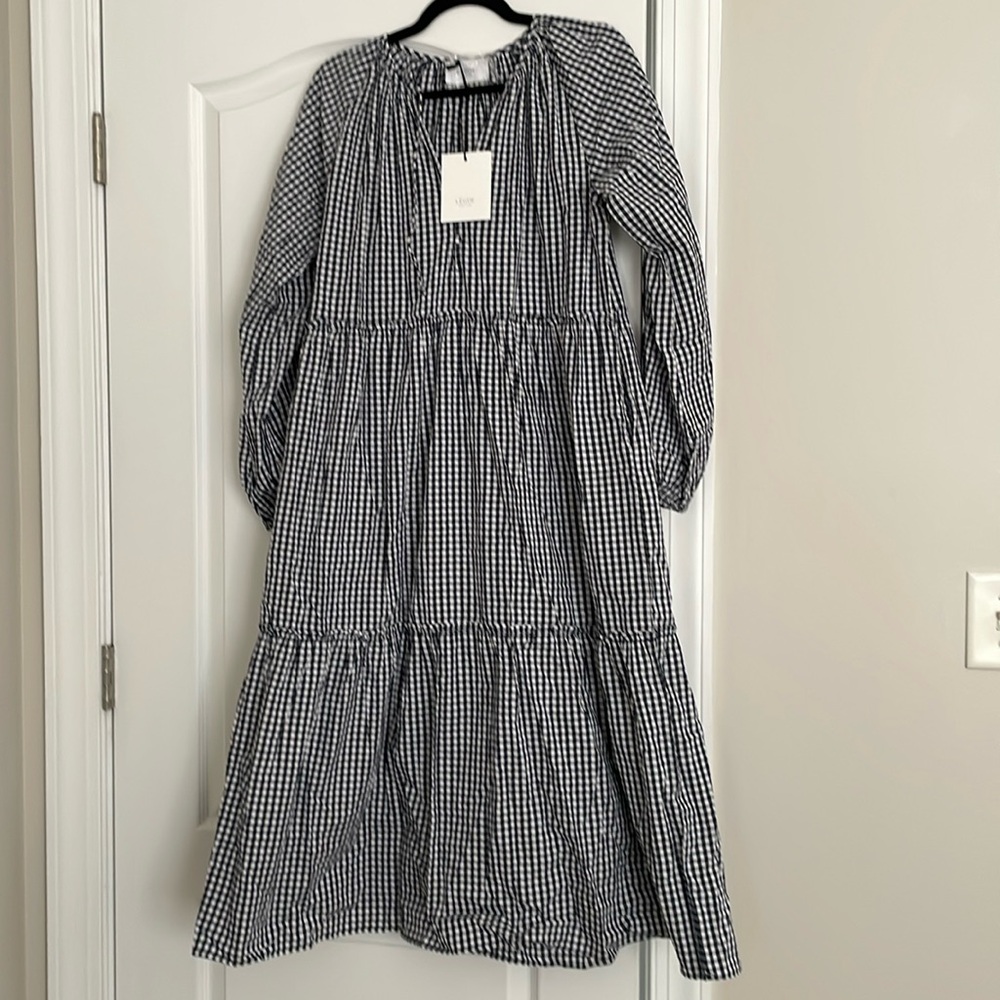 Blue gingham maternity dress